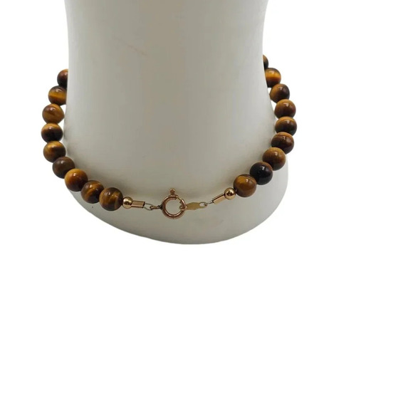 14k Gold Filled Tiger Eye Round Shape Beads Bangle Bracelet Vintage - Picture 3 of 5